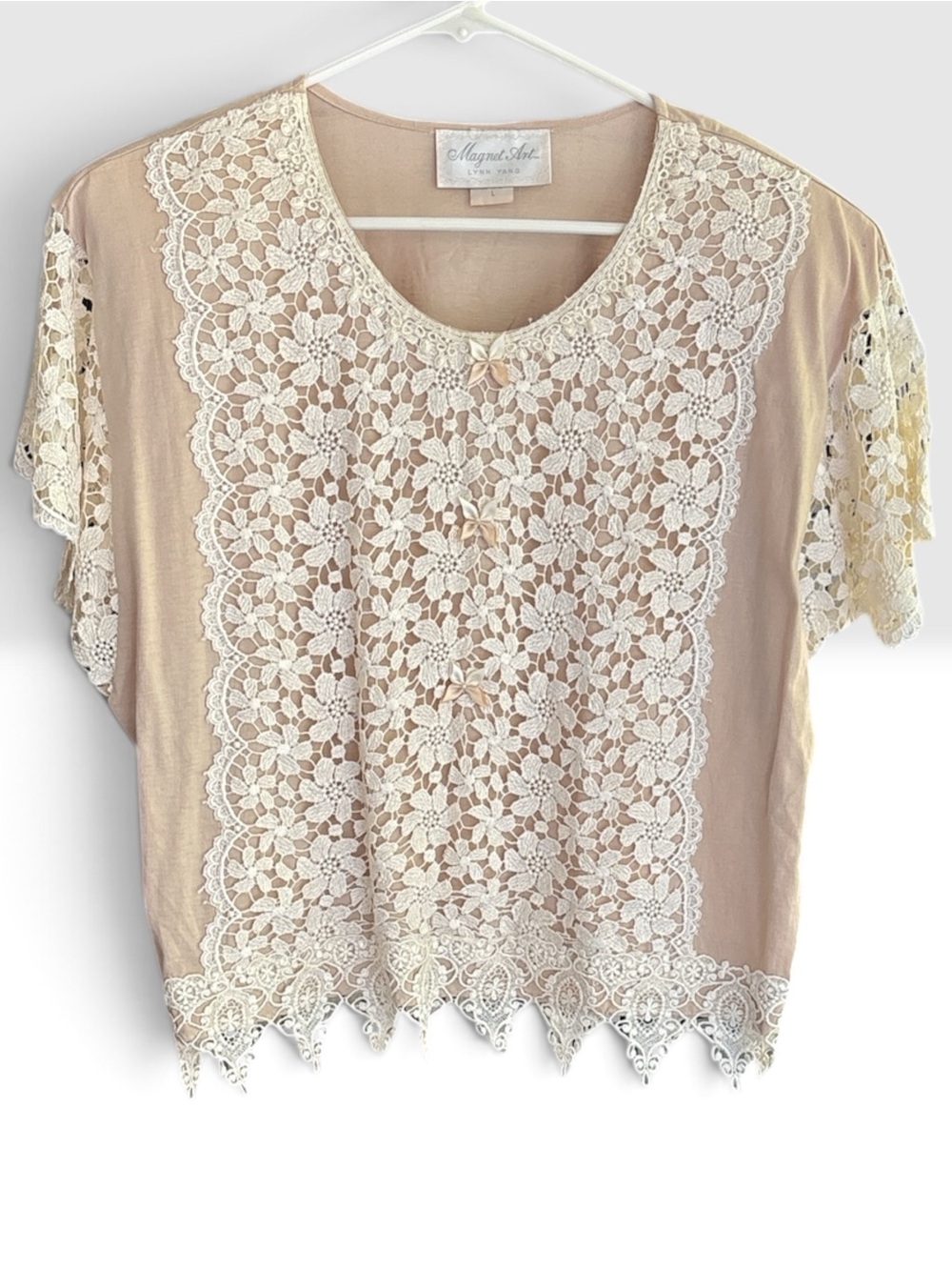Beige Lace Floral Cotton Blouse Top Size Large Vintage Style